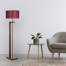 Opviq Lámpara de pie de madera y metal con pantalla de tela en nogal y rojo burdeos